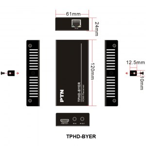 Mit seiner Breite von nur 61mm und einer Höhe von nur 24mm kann der Empfänger TPHD-BYE-R unauffällig an der HDMI-Senke installiert werden, so dass das 4K HDMI-Verlängerungs-SET TPHD-BYE in jeder Anwendung verwendet werden kann.