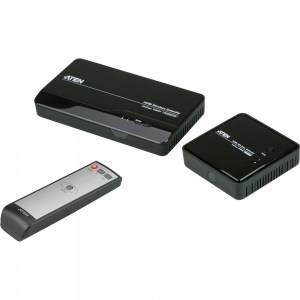 Das ATEN VE809 HDMI Wireless Extender Set besteht aus einem Transmitter, einem Receiver und einer IR-Fernbedienung.