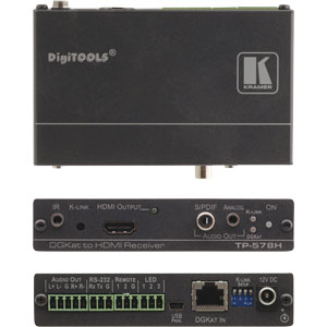Der Kramer TP-578H ist ein DGKat Twisted Pair Empfänger für HDMI, IR und Steuersignale. Das Gerät empfängt ein DGKat Twisted Pair Signal von einem kompatiblen DGKat-Sender und dekodiert dies in HDMI, symmetrisches und unsymmetrisches Stereo, S/PDIF−Digit