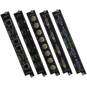 Lieferbare Eingangs-Einsteckmodule für die Video Matrix MMX3232: 4x HDBaseT, 4x HDMI, 4x SDI, 4x DVI, 4x VGA. Die Einsteckkarten sind beliebig kombinierbar.