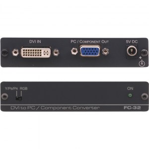 Übersicht über die Ein- und Ausgänge des DVI zu VGA Videokonverters FC-32. An der Frontseite befinden sich Schalter für die Umschalter zwischen Computergrafikvideo (VGA) oder Komponentenvideo (für HDTV-Auflösungen) .