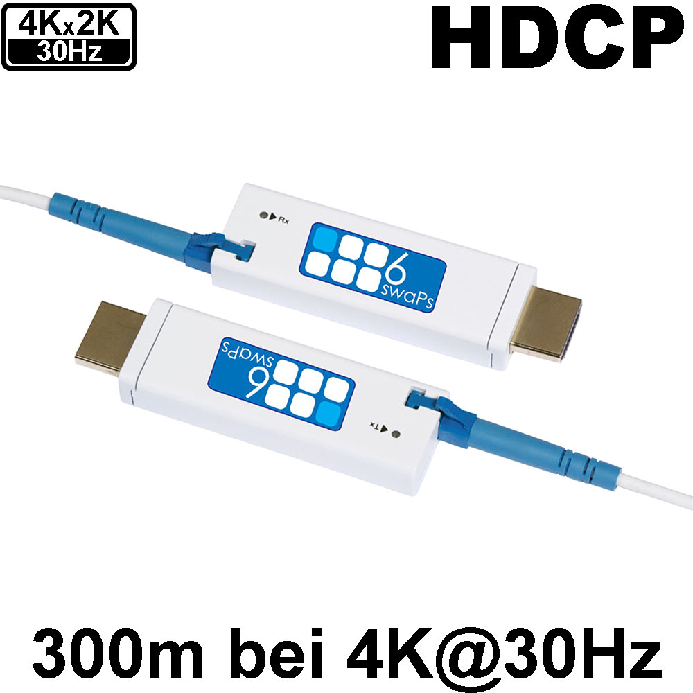 6swaPs HDMI-FO: 4K Ultra-HD HDMI Verlängerungs-Set über Fiber Optic. Die beiden kompakten Einheiten des Extender-Sets werden mit einem LC Multi-Mode LWL-Kabel mit einander verbunden.