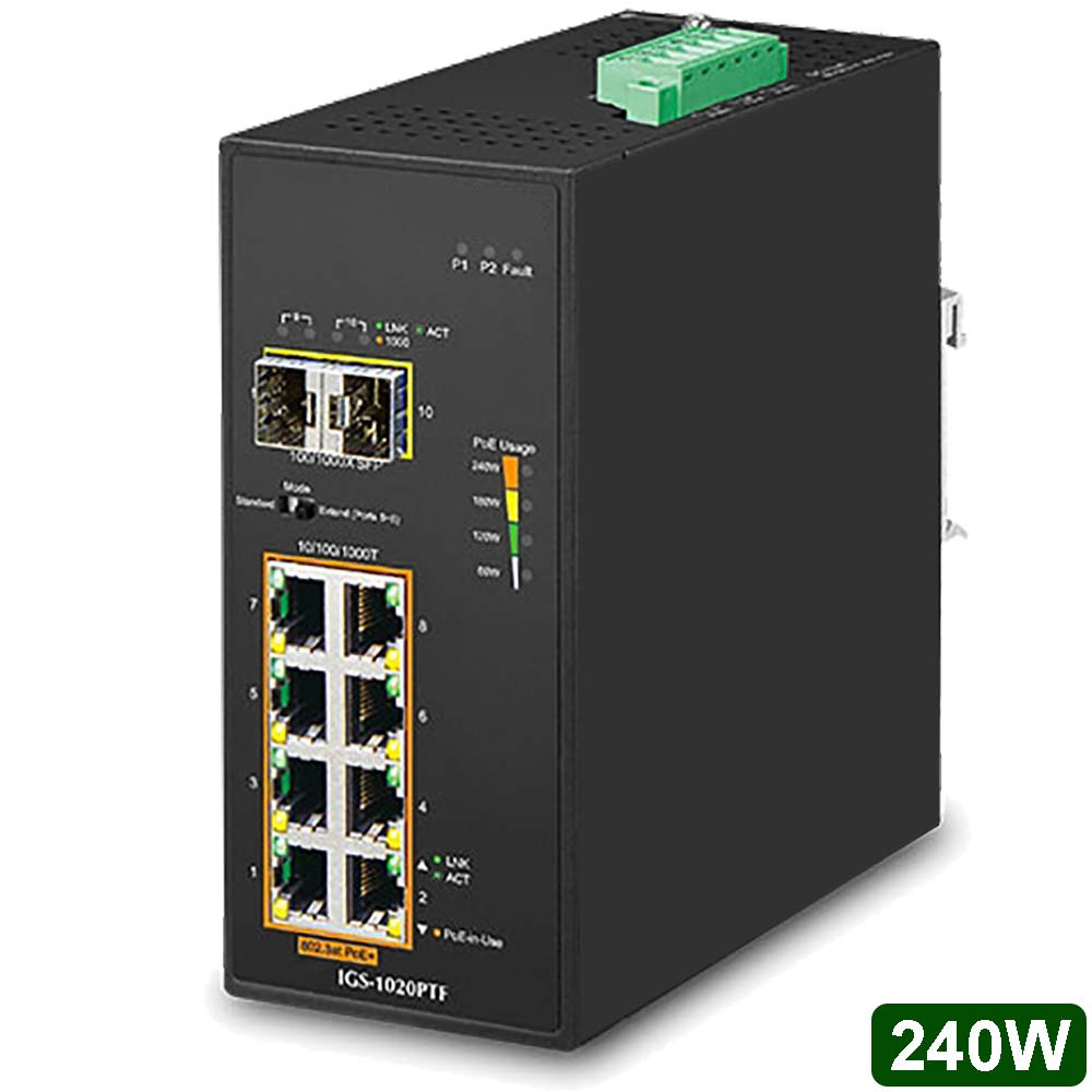 IGS-1020PTF: Industrieller 10-Port Gigabit Ethernet Switch mit 8x 10/100/1000Base-TX PoE+ Ports + 2x 100/1000Mbps Gigabit SFP-Ports