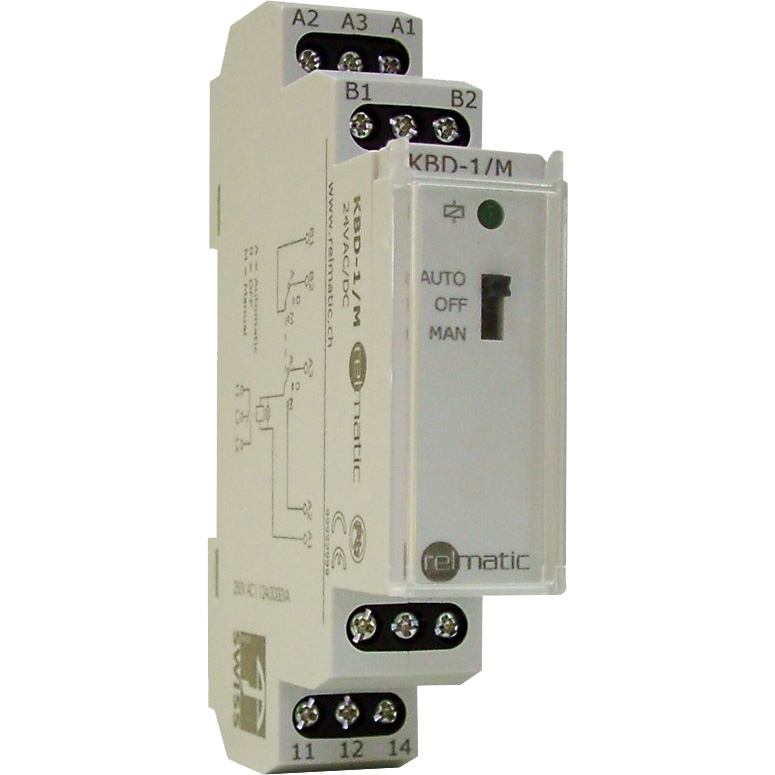 Der digitale Koppelbaustein für Minusansteuerung KBD1/M von Relmatic beinhaltet 1 Schaltkreis mit 1 Wechselkontakt für eine Belastung von 12 A / 250 V AC, der mit 24V AC/DC angesteuert werden kann.
