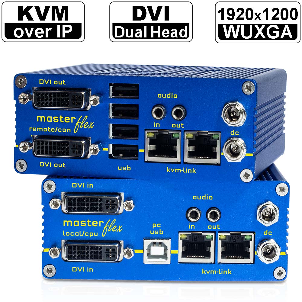 kvm-tec MASTERflex Dual MV2-Set: Dual Head DVI-D/ DVI-I/ USB2.0 und Audio KVM Extender over IP (Set) in Kupfer | 2x 1920x1200@60Hz (Video) und 480Mbit/s (USB tranparent) bis 150m via CAT-Kabel