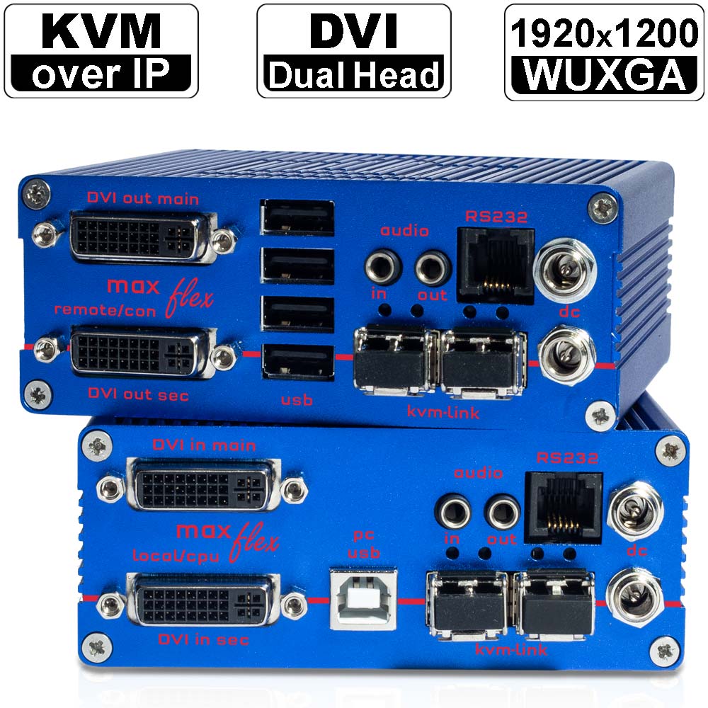 kvm-tec MAXflex Dual Fiber MA2-F Set: Dual Head DVI-D/ DVI-I/ USB2.0 und Audio+RS232 KVM Extender over IP (Set) in Fiber | 2x 1920x1200@60Hz (Video), 480Mbit/s (USB tranparent), Audio (in CD Qualität) und RS232 (tranparent) bis 160km via Glasfaser-/ LWL-