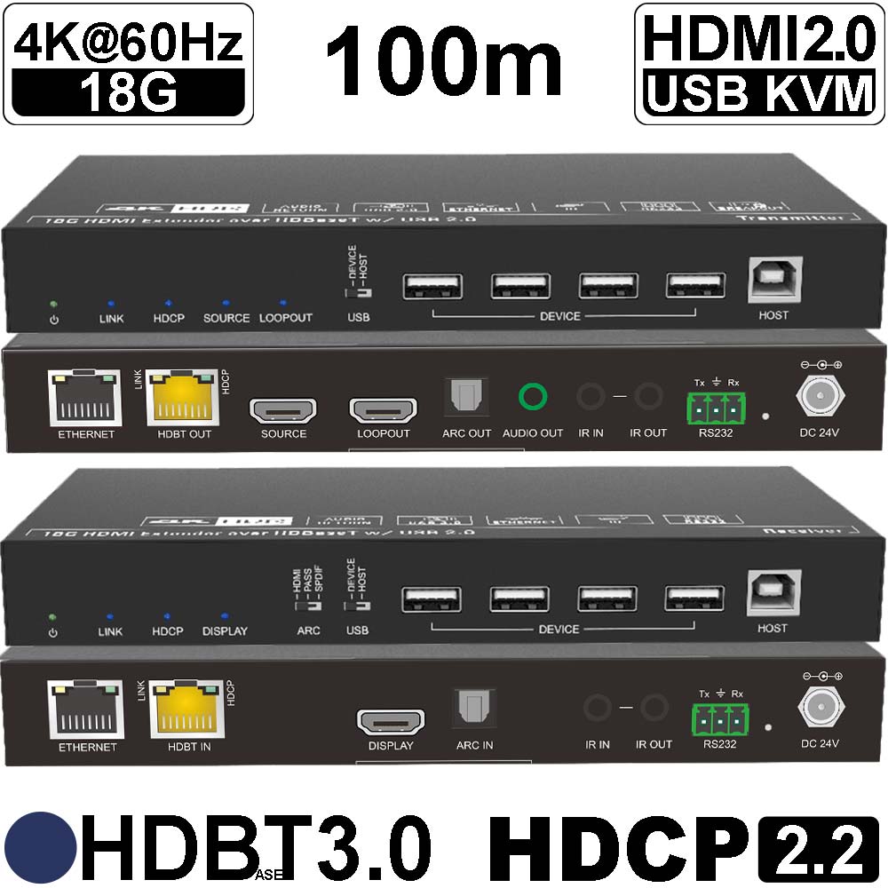 UHKVM-100X: 4K60 18G HDMI2.0 USB HDBaseT KVM Extender Set für UltraHD HDMI und USB Signale bis 100m