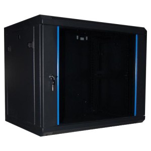 19 Zoll Wandschrank / Serverschrank mit Rauchglastür aus der WALL PRO Serie von Tecnoware. Ausführung in elegantem Schwarz lackierten Metall mit 22 HE und 600mm Tiefe.