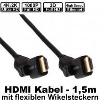 1,5m High Speed HDMI Kabel mit flexiblen Winkelsteckern u. Ethernet Channel für 4K/ Ultra HD und 1080p 3D | unterstützt ARC | vergoldete Steckersysteme für geringere Übergangswiderstände