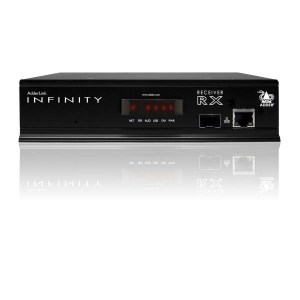Der Receiver (ALIF1002R-xx) der KVM Verlängerung ADDERLink INFINITY 1002 empfängt die USB-Tastatur-, -Maus- und DVI-Video-Siganle über ein TCP/IP Netzwerk.