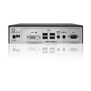 An der Rückseite des Receivers ALIF1002R des KVM over IP Extender-Systems ADDERLink INFINITY 1002 befinden sich die Audio-Ein- und -Ausgänge, der Strom- und DVI Anschluss, sowie die 4 USB- und der RS232-Port.