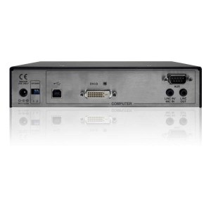 An der Rückseite des Transmitters ALIF1002T des KVM over IP Extender-Systems ADDERLink INFINITY 1002 befinden sich die Audio-Ein- und -Ausgänge, der Strom- und DVI Anschluss, sowie der USB- und RS232-Port.