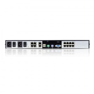 Rückansicht des KVM over IP Switches KN1108v: Der KVM Switch besitzt 8 RJ-45-Buchsen als Anschlussmöglichkeiten für Systeme mit PS/2-, USB-, Sun Legacy- (13W3) und serieller (RS-232) Schnittstelle