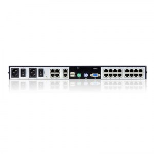 Rückansicht des KVM over IP Switches KN1116v: Der KVM Switch besitzt 16 RJ-45-Buchsen als Anschlussmöglichkeiten für Systeme mit PS/2-, USB-, Sun Legacy- (13W3) und serieller (RS-232) Schnittstelle