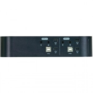An der Seite des 4-Port KVM-Switch für USB & Mini DisplayPort-Zweischirmsysteme mit Ton und USB 2.0-Hub von ATEN befinden sich Anschlüsse für 2 Konsolen