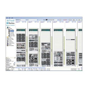 dcTrack kann eine Gruppe von Serverschrankbelegungen visualisieren. Die Serverschränke lassen sich dabei nach Rechenzentrumsreihen oder logischen Gruppierungen zusammenfassen. Mit einem weiteren Klick lassen sich die Belegungsansichten auf Vorderseiten-,