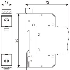 Abmessungen der modularen einpoligen Überspannungsableiter der ISKRA SAFETEC C(R) 20 Serie. Dieser Ableiter nach IEC/ EN/ VDE Klasse II/ Typ 2/ C mit 20kA benötigt nur 1 TE auf der Hutschiene (35mm DIN Rail).