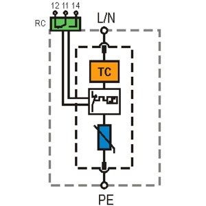 Anschlussdiagramm der einpoligen modularen Überspannungsableiter aus der SAFETEC C(R) 20 Serie von ISKRA.