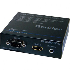 PE3D4K100-S von aavara: CAT-Sendemodule für digitale Signalübertragung. Multimedia Sender für Bild- und Tonsignale sowie bidirektionale RS 232 und IR Signale für lange Strecken (100 m) über ein geschirmtes CAT x-Kabel. Konform zu HDMI und DHCP