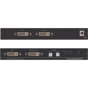 Der Kramer VM-300HDCP, ein HDCP konformer Verteilverstärker für DVI-Signale, besitzt einen DVI-I Eingang und drei DVI-I Ausgänge.