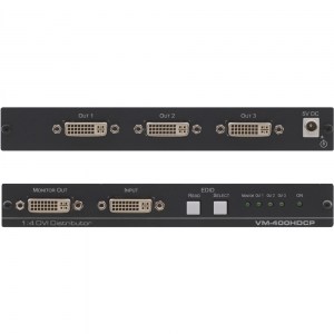 Der Kramer VM-400HDCP, ein HDCP konformer Verteilverstärker für DVI-Signale, besitzt einen DVI-I Eingang und vier DVI-I Ausgänge.