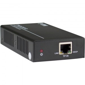 An der Front des TPHD-BYER befindet sich eine Status-LED und eine RJ45-Buchse für die HDBaseT-Signale. Die Stromversorgung erfolgt via PoC über das CAT-Kabel.