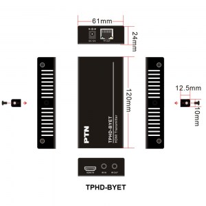Mit seiner Breite von nur 61mm und einer Höhe von nur 24mm kann der Transmitter TPHD-BYE-T unauffällig an der HDMI-Quelle installiert werden, so dass das 4K HDMI-Verlängerungs-SET TPHD-BYE in jeder Anwendung verwendet werden kann.