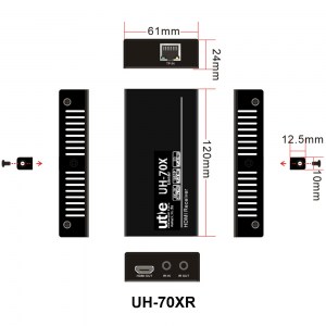 Mit seiner Breite von nur 61mm und einer Höhe von nur 24mm kann der Empfänger UH-70XR unauffällig an der HDMI-Senke installiert werden, so dass das 4K HDMI-Verlängerungs-SET UH-70X in jeder Anwendung verwendet werden kann.