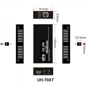 Mit seiner Breite von nur 61mm und einer Höhe von nur 24mm kann der Transmitter UH-70XT unauffällig an der HDMI-Quelle installiert werden, so dass das 4K HDMI-Verlängerungs-SET UH-70X in jeder Anwendung verwendet werden kann.