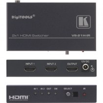 Der Kramer VS-21H-IR ist ein Hochleistungs-Umschalter für HDMI-Signale - mit IR-Fernbedienung. Er taktet die Signale neu, entzerrt sie und schaltet einen der zwei Eingänge auf den HDMI-Ausgang.