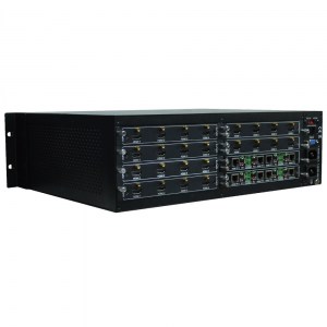 Beispiel Konfiguration des modularen 16x16 HD Video Matrix Switch MMX1616 von PTN: Ansicht der Rückseite mit 16x HDMI Eingängen und 8x HDMI und 8x HDBaseT Ausgängen.