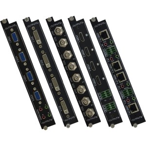 Lieferbare Ausgangs-Einsteckmodule für die Video Matrix MMX6464: 4x VGA, 4x DVI, 4x SDI, 4x HDMI, 4x HDBaseT. Die Einsteckkarten sind beliebig kombinierbar.