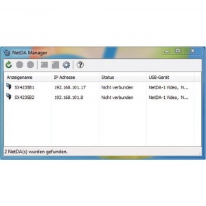 NetDA Manager, ein einfaches und benutzerfreundliches Dienstprogramm: Mit dieser speziellen Software können NetDA-Geräte gesucht, Monitorverbindungen aufgebaut und getrennt und Verbindungsstatusabfragen getätigt werden.