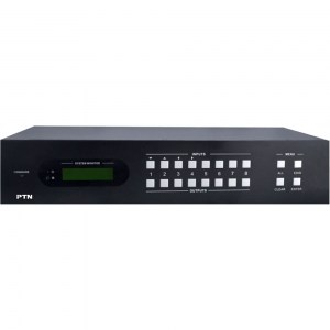 An der Front der 8x8 HDBaseT Videomatrix MUH88TP befinden sich die Druckschalter zum Umschalten und ein LCD-Display.