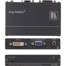 Der Kramer FC-32 wandelt DVI−D Signale mit Auflösungen bis WUXGA oder 1080p in Computergrafik− (VGA) oder Komponentenvideo−Signale mit HD15−Ausgang.