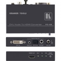 Der Kramer Videokonverter FC-49 wandelt von DVI u. S/PDIF, TosLink oder Analog Audio zu HDMI. Der Kramer FC-49 nimmt ein DVI-Signal u. koppelt S/PDIF, TosLink oder ein unsymmetrisches Analog−Audiosignal ein und wandelt es in ein HDMI−Signal.