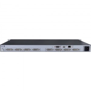 An der Rückseite des MultiViewers VP44 befinden sich neben den 4x DVI-Ein- und 4 DVi-Ausgänge eine serielle Schnittstelle (RS232), ein USB- und ein Netzwerk-Anschluss.