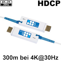 6swaPs HDMI-FO: 4K Ultra-HD HDMI Verlängerungs-Set über Fiber Optic. Die beiden kompakten Einheiten des Extender-Sets werden mit einem LC Multi-Mode LWL-Kabel mit einander verbunden.
