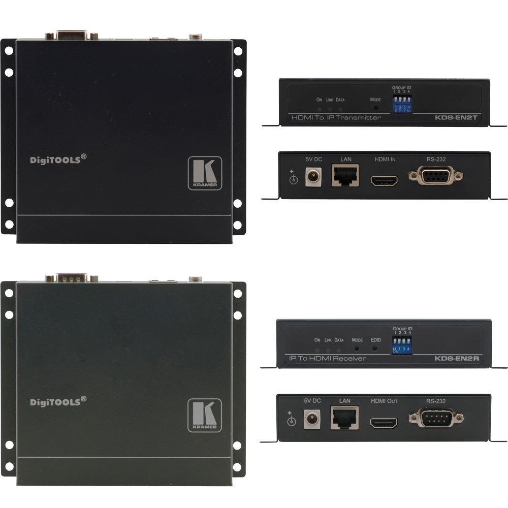 Kramer KDS-EN2: HDMI over IP Extender-Set bestehend aus Sender (KDS-EN2T) u. Empfänger (KDS-EN2R). Dieses IP-basierte HDMI-Verlängerungs-System verwendet die JPEG 2000 Kompressions-Technologie. Ideal für Multicasting-, Videowall- u. Digital Signage Anwen
