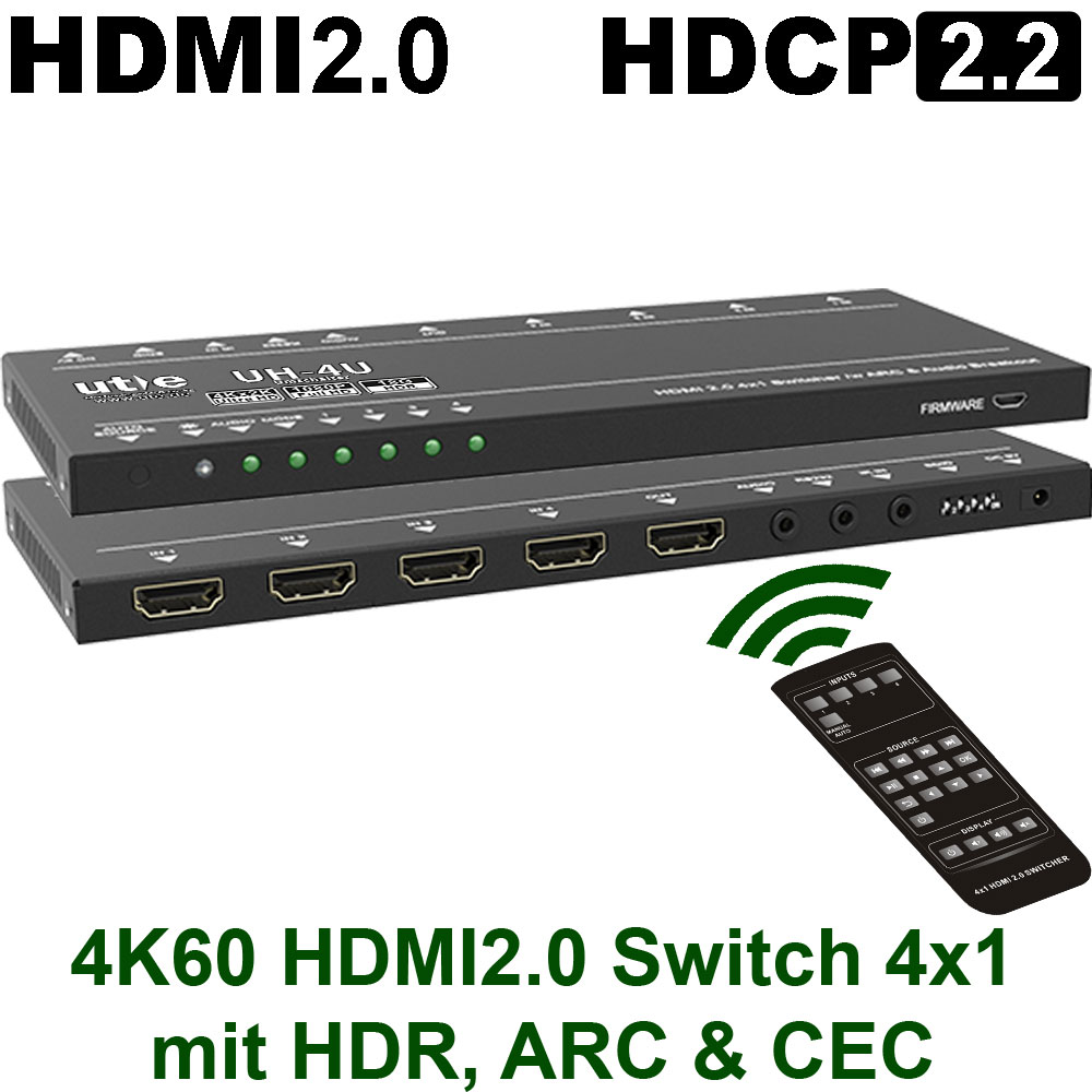 UH-4U: 4K HDMI2.0 4x1 HDMI-Umschalter + Audio-de-embedding | 18Gbit/s | ARC, HDR, CEC, EDID-Management | Manuelle u. automatische Umschaltung