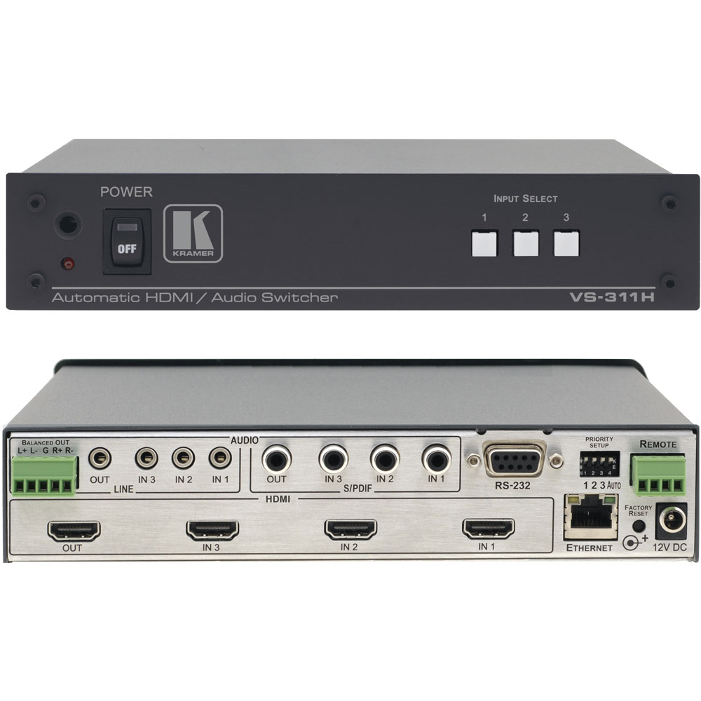 Der Kramer VS-311H ist ein Hochleistungs-Umschalter für HDMI-Video und symmetrische, unsymmetrische und S/PDIF-Audiosignale. Als Standby-Umschalter konfiguriert schaltet der VS-311H von Kramer bei Verlust des Signals am ersten Eingang automatisch um.