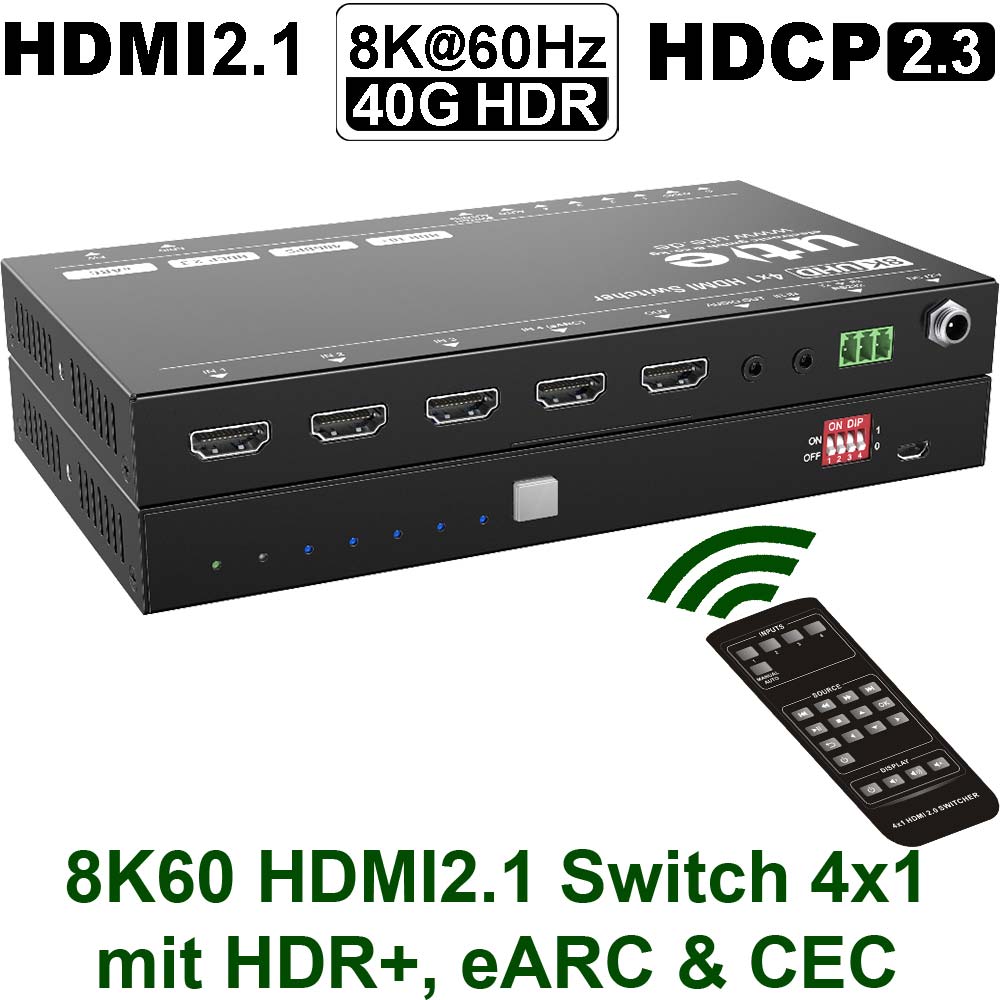 UH-4U-8K: 8K HDMI2.1 4x1 Umschalter + Audio De-Embedding | 40Gbit/s | eARC, Dolby Vision, HDR+, CEC, EDID-Management | Manuelle u. automatische Umschaltung