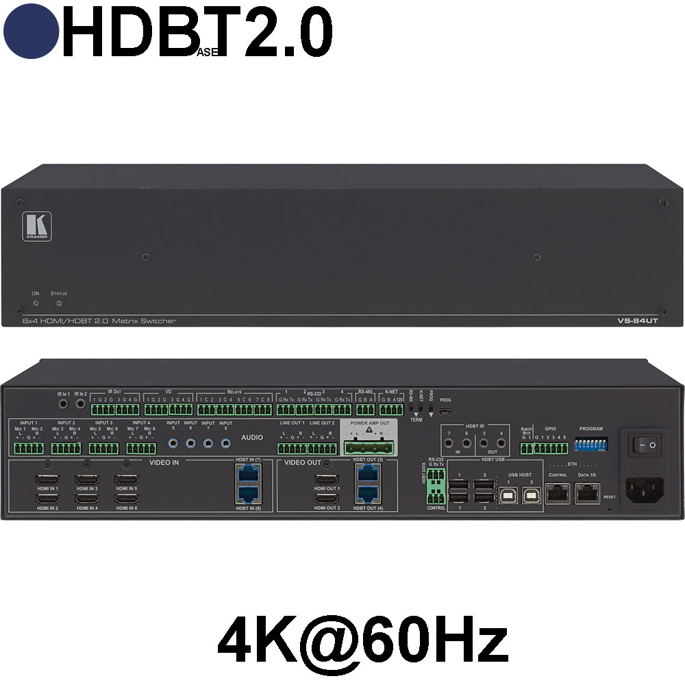 Kramer VS-84UT: All–in–One–Präsentationssystem mit 8x4 4K60 4:2:0 HDMI / HDBaseT 2.0–Matrixumschaltung, Master Room Controller, PoE und Leistungsverstärker