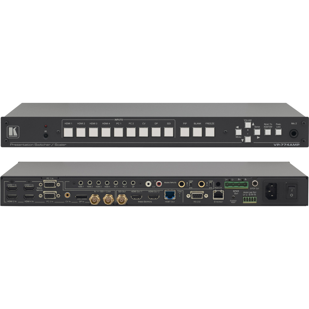 Kramer VP-774AMP: Präsentations-Umschalter/-Scaler mit 9 Eingängen und HDMI/HDBaseT/SDI-Ausgang mit 2K Unterstützung, Lautsprecher-Ausgang
